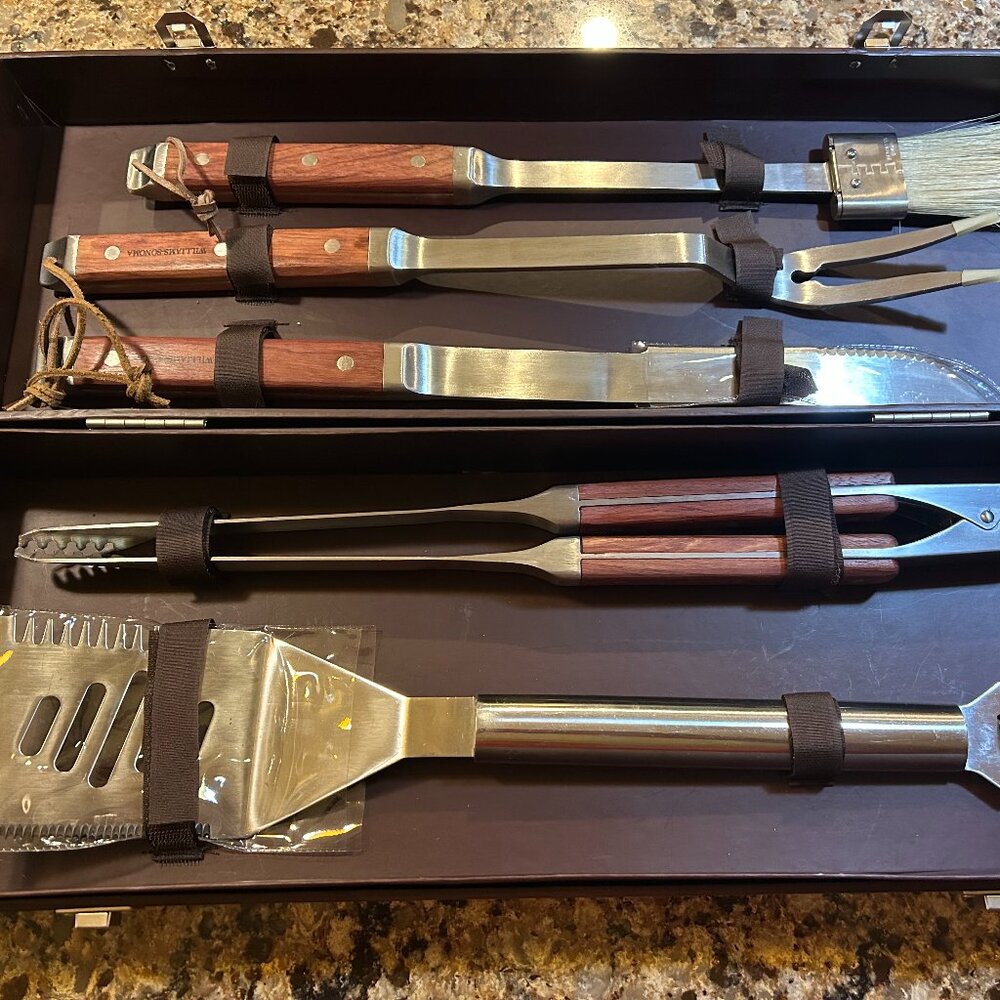 WILLIAM SONOMA BBQ GRILL TOOL SET ROSEWOOD HANDLES NWT